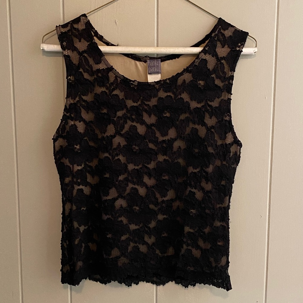 Hanky Panky black lace camisole with nude liner.